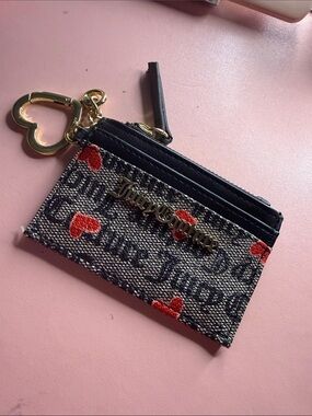 Juicy Couture Black Logo Jacquard Card Holder with Red Heart Accents